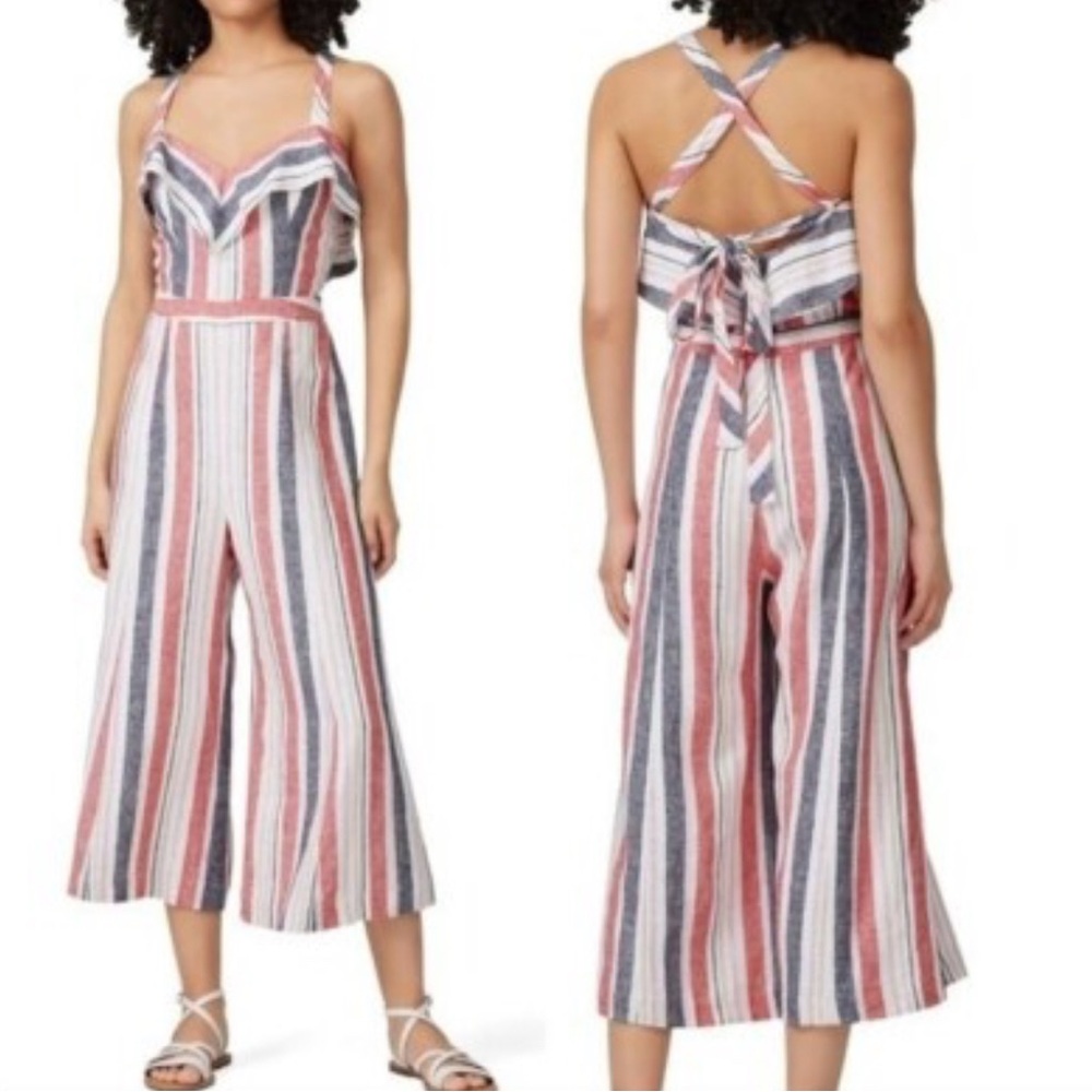 Parker Linen Red and Blue Jumpsuit with Ruffle Sweetheart Neckline